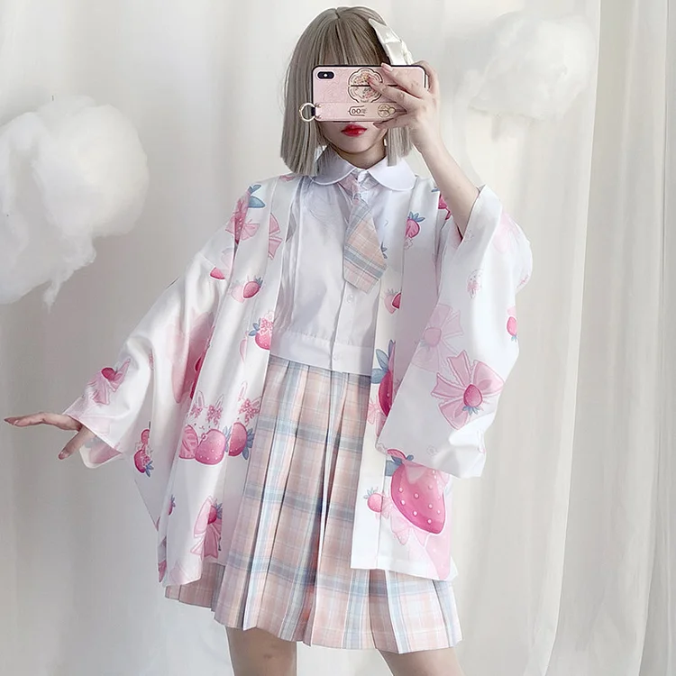 Strawberry Print Loose Cardigan Kimono Outerwear - Modakawa modakawa