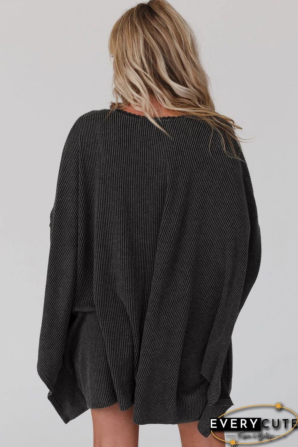 Black Lace Trim Ribbed Oversize Kimono