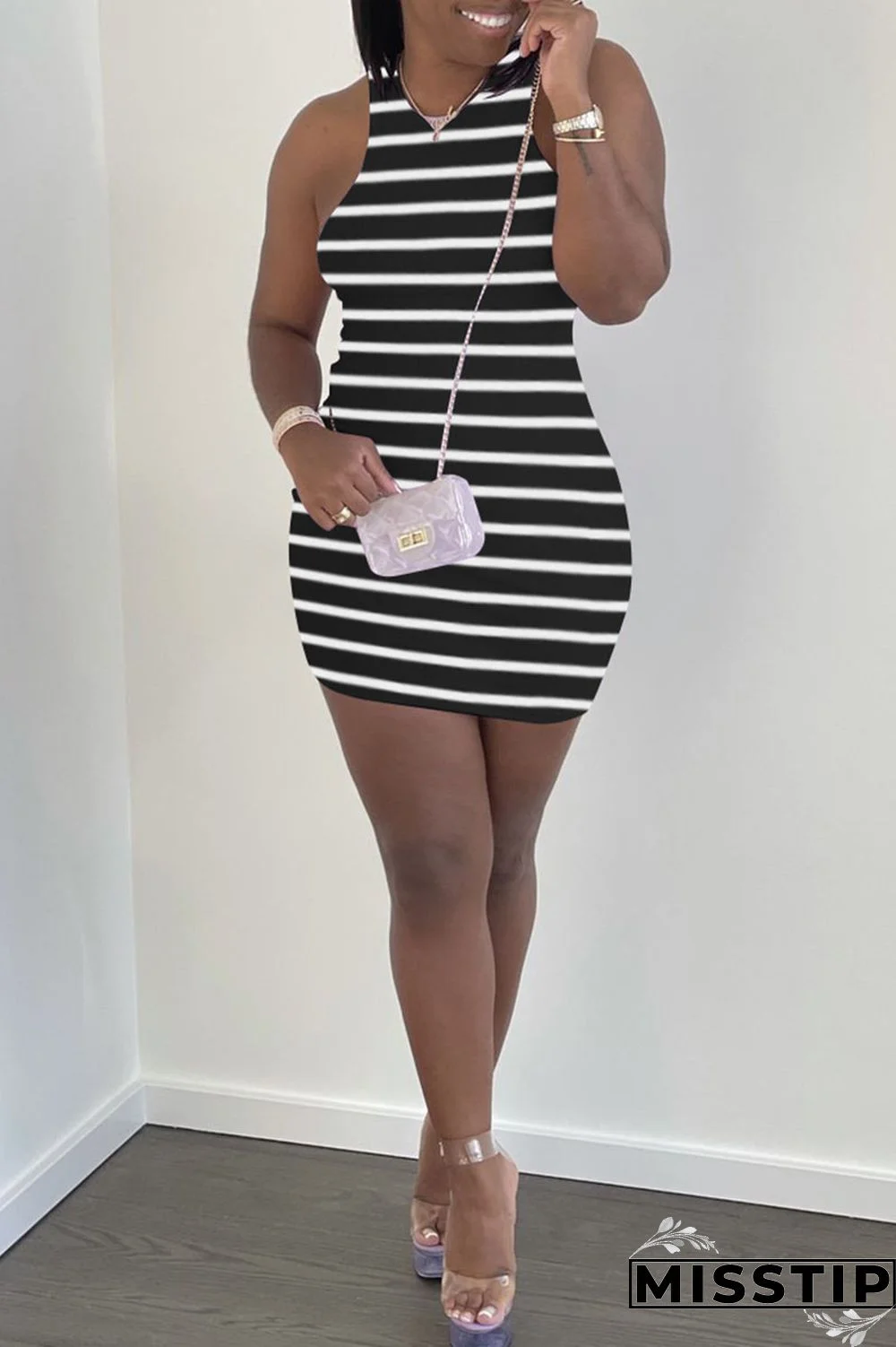 Black Casual Striped Print Patchwork O Neck Vest Dress Dresses