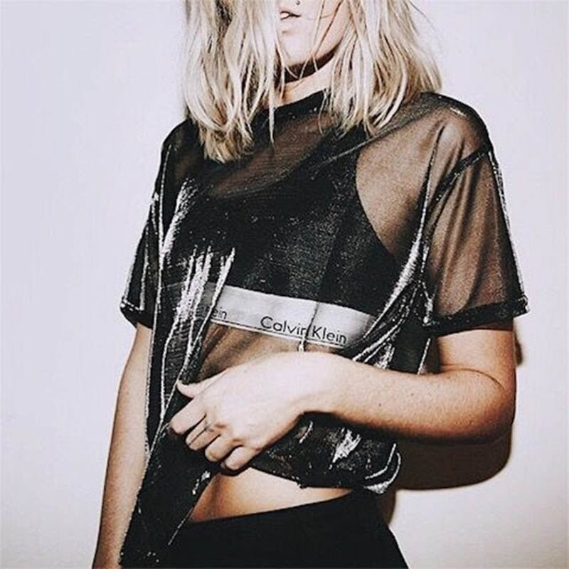 2019 Summer Sexy Mesh Tee See-Through Women T-shirts Short Sleeve Perspective Shine Casual Women Tops Lady Vintage Blusa