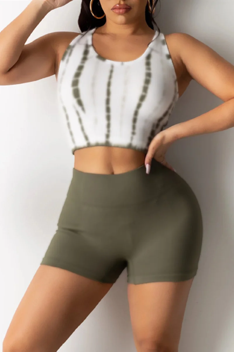 Green Casual Sportswear Print Basic O Neck Sleeveless Two Pieces | EGEMISS