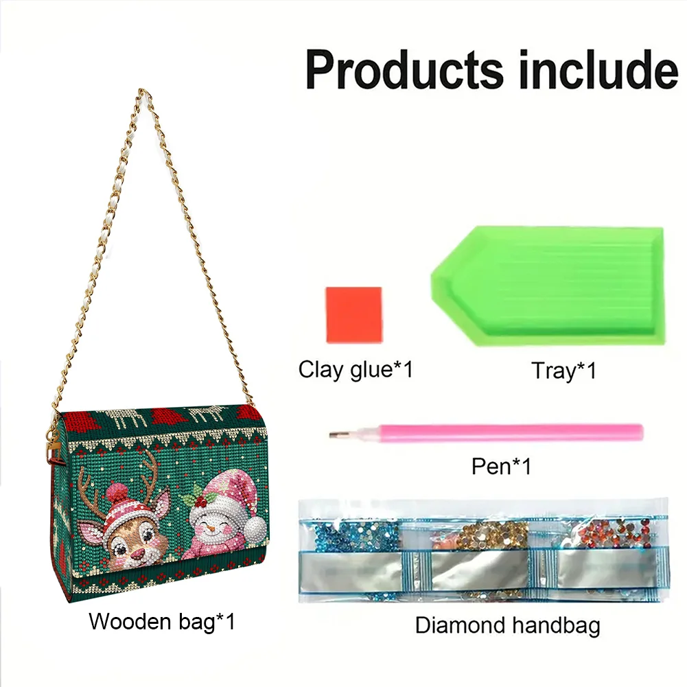 DIY Elk Diamond Art Wooden Coin Pouch with Chain 5D Diamond Painting Purse