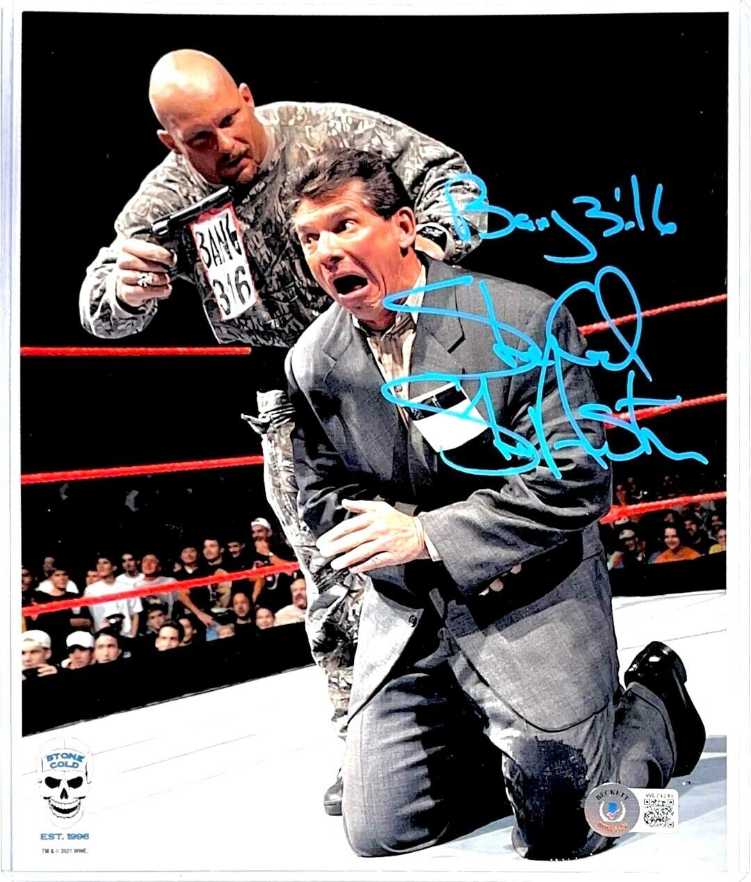 WWE STONE COLD HAND SIGNED INSCRIBED BANG 3:16 8X10 Photo Poster painting WITH PROOF BECKETT COA