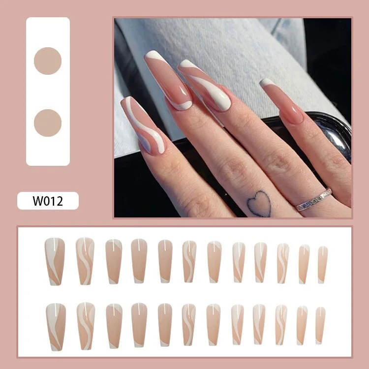 24 Pcs French Ballet White Line False Nails Fashion Geometric Coffin Press On Nails Flame Rose Pattern Nail Art Manicure Tools-Nail Inspo