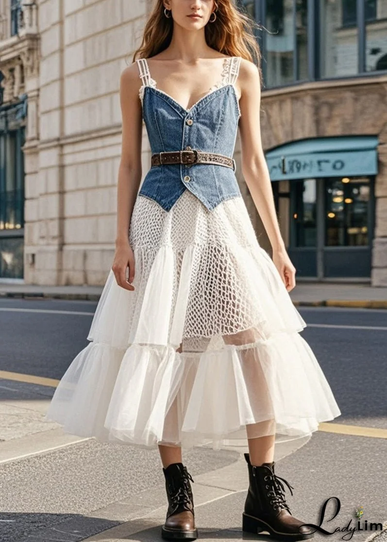 Casual Denim Blue Cinched Patchwork Tulle Vacation Dresses Summer