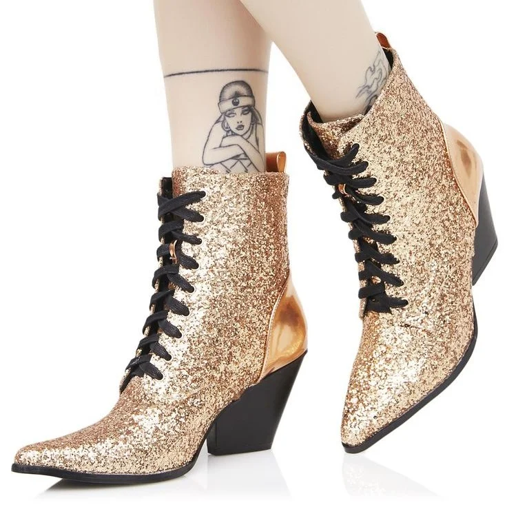 Gold Glitter Lace-Up Pointy Toe Ankle Boots with Chunky Heels Vdcoo