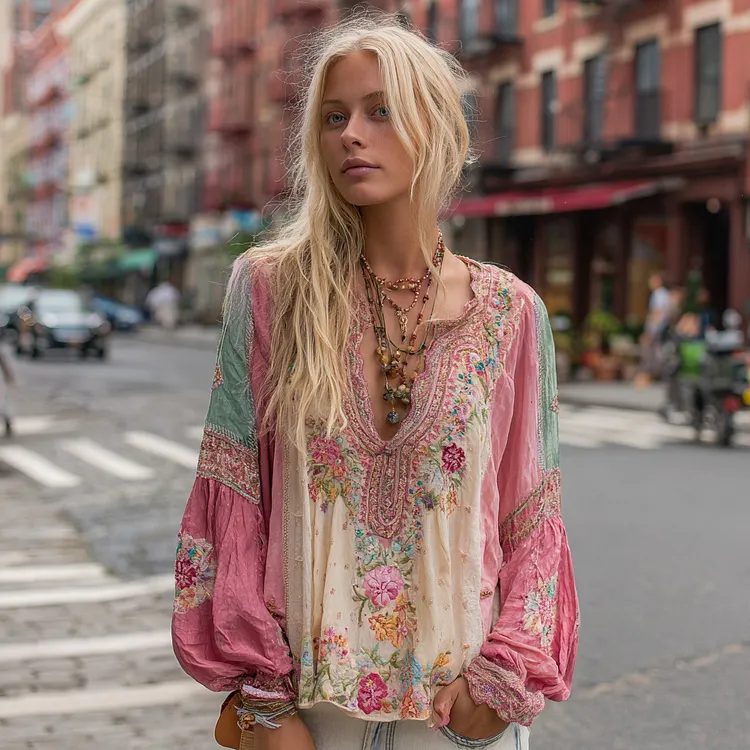Women's Floral Embroidery Art Boho Colorblock Linen Blend V-neck Shirt