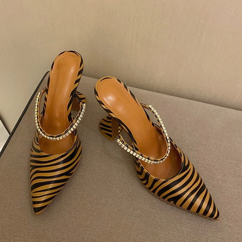 New Zebra Pattern Designer Heels Mules Woman Pumps Fashion Crystal Slingback Party Strange Style Wedding Bride Shoes Female
