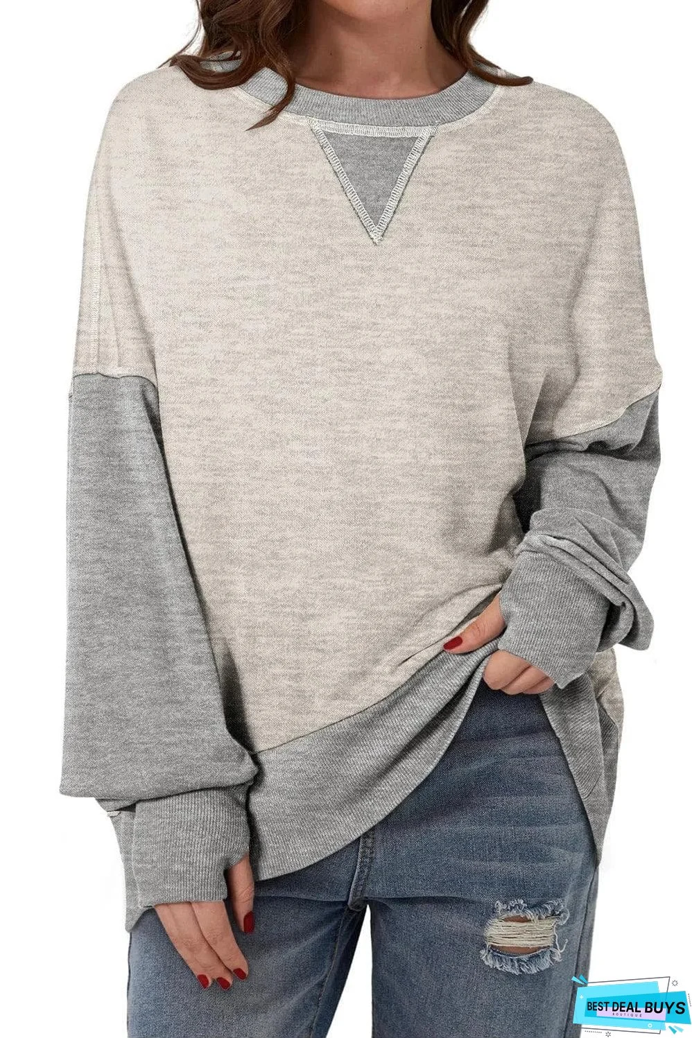 Light Grey Color Block Thumbhole Sleeve Drop Shoulder Sweatshirt