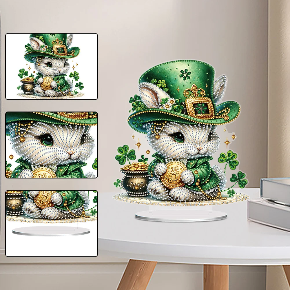 DIY Acrylic St. Patricks Day Rabbit Special Shape Diamond Painting Tabletop Ornament Creative Home Decor & Gift Idea for Adults - Relaxing Craft Activity