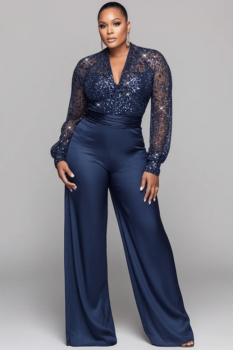 Xpluswear Design Plus Size Formal Navy Blue V Neck Long Sleeve See Through Elegant Sequin Satin Jumpsuits [Pre-Order]