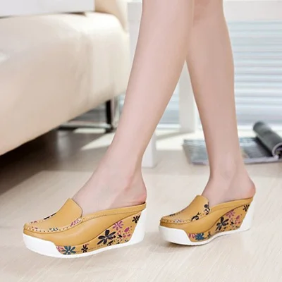 Churchf Churchf Half Slippers Female Thick Sole Fashion Wear Cake Shoes Summer Leather Cool Drag Women's Shoes Slope Heel Pedal Lazy Shoes