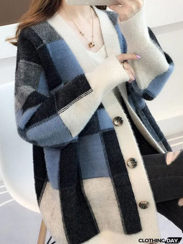 Casual Long Sleeves Loose Buttoned Contrast Color Plaid Deep V-Neck Sweater Tops Cardigan Coats