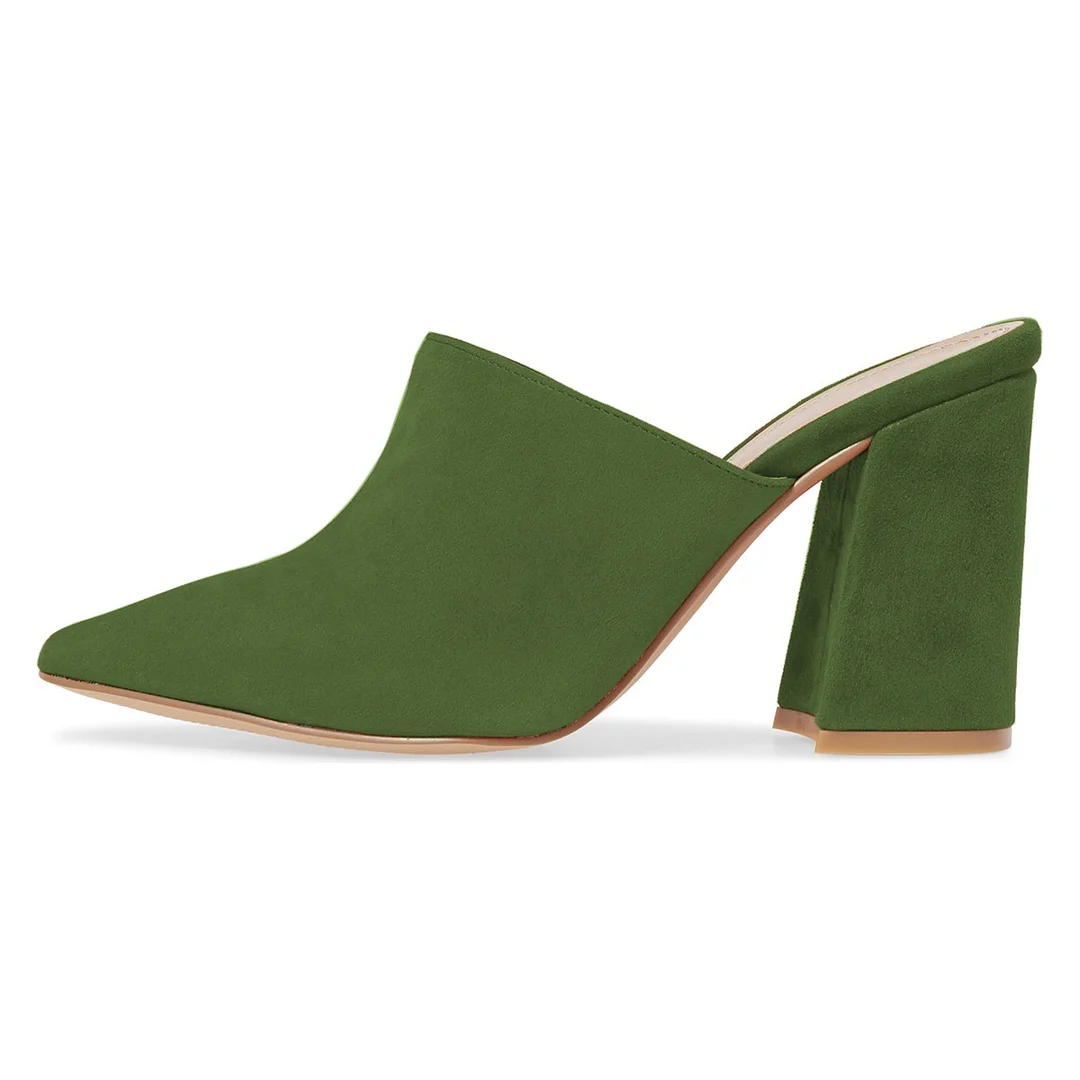 Green Vegan Suede Pointed Toe Heeled Slip On Women's Mules Shoes