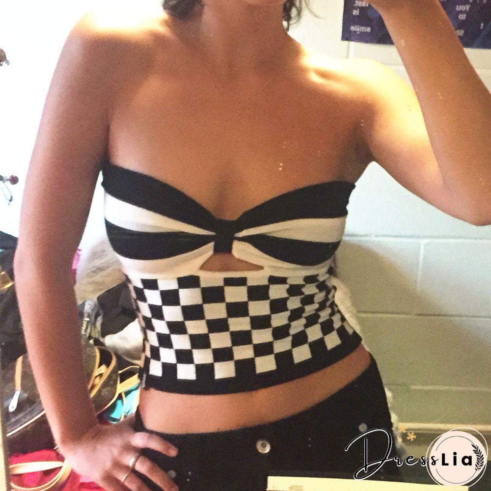 Patchwork Bow Checkered Bandeau Top