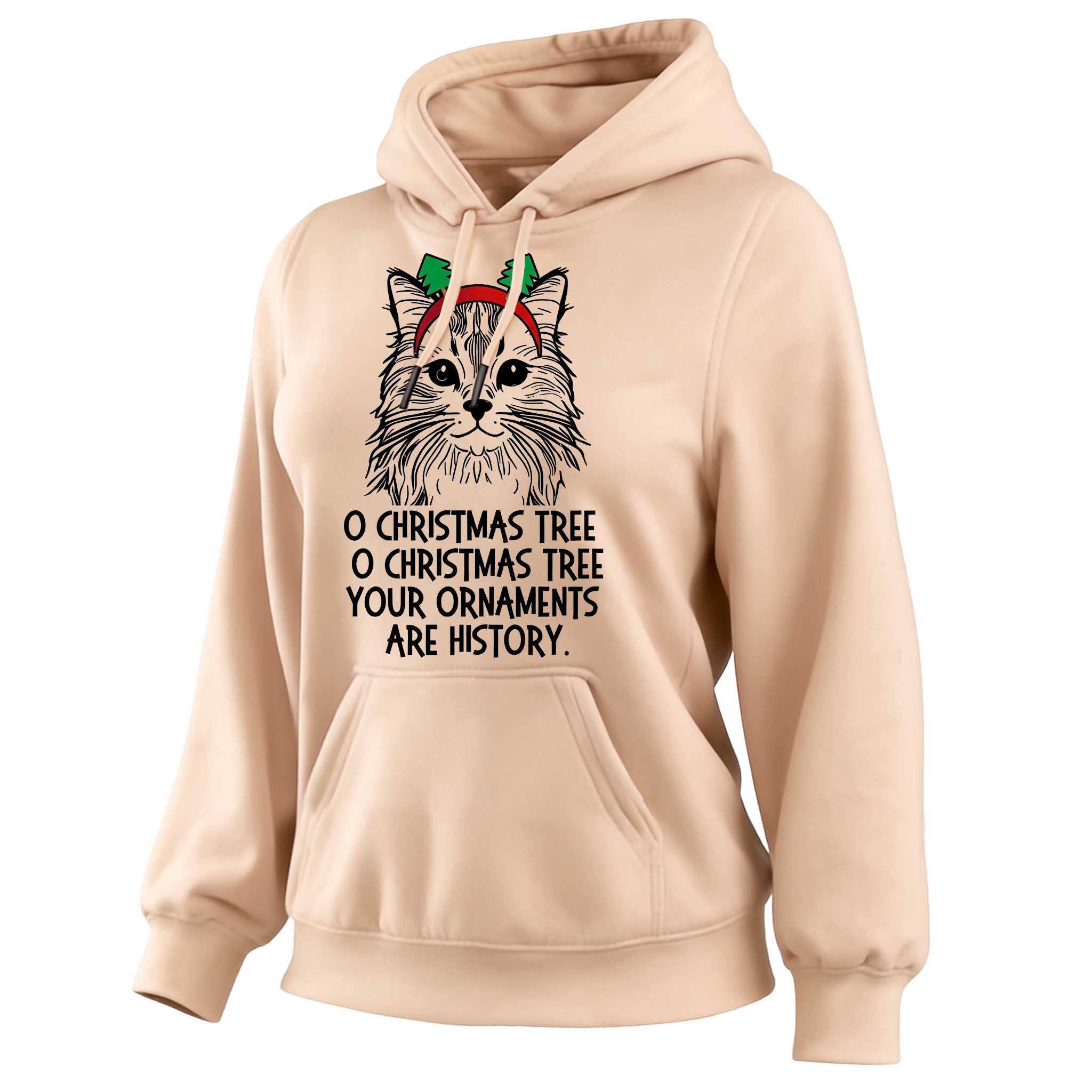 Women's Vintage Cat Christmas Print Pocket Long-Sleeve Apricot Hoodie