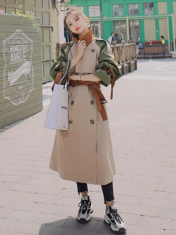 Brand New Fashion Women's Trench Coat Colorblock Long Double-Breasted with Belt Lady Windbreaker Spring Autumn Outerwear Clothes
