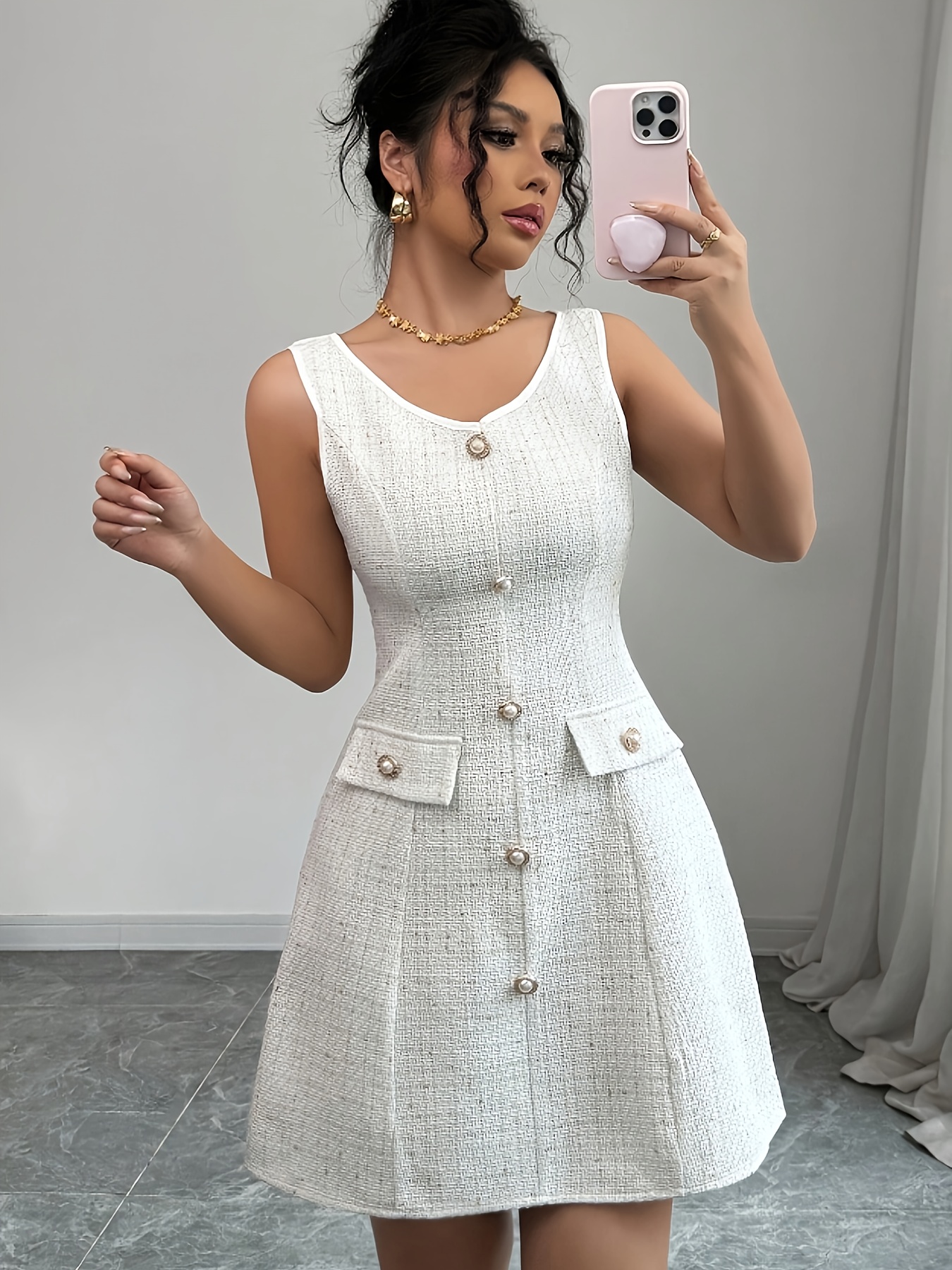 Women's Elegant White Sleeveless A-Line Midi Dress - Polyester, V-Neck, Button-Up, Perfect For Spring/Summer, Casual To Formal Attire, Casual Attire | Elegant Sleeveless Dress | Polyester Dress | IFYHOME