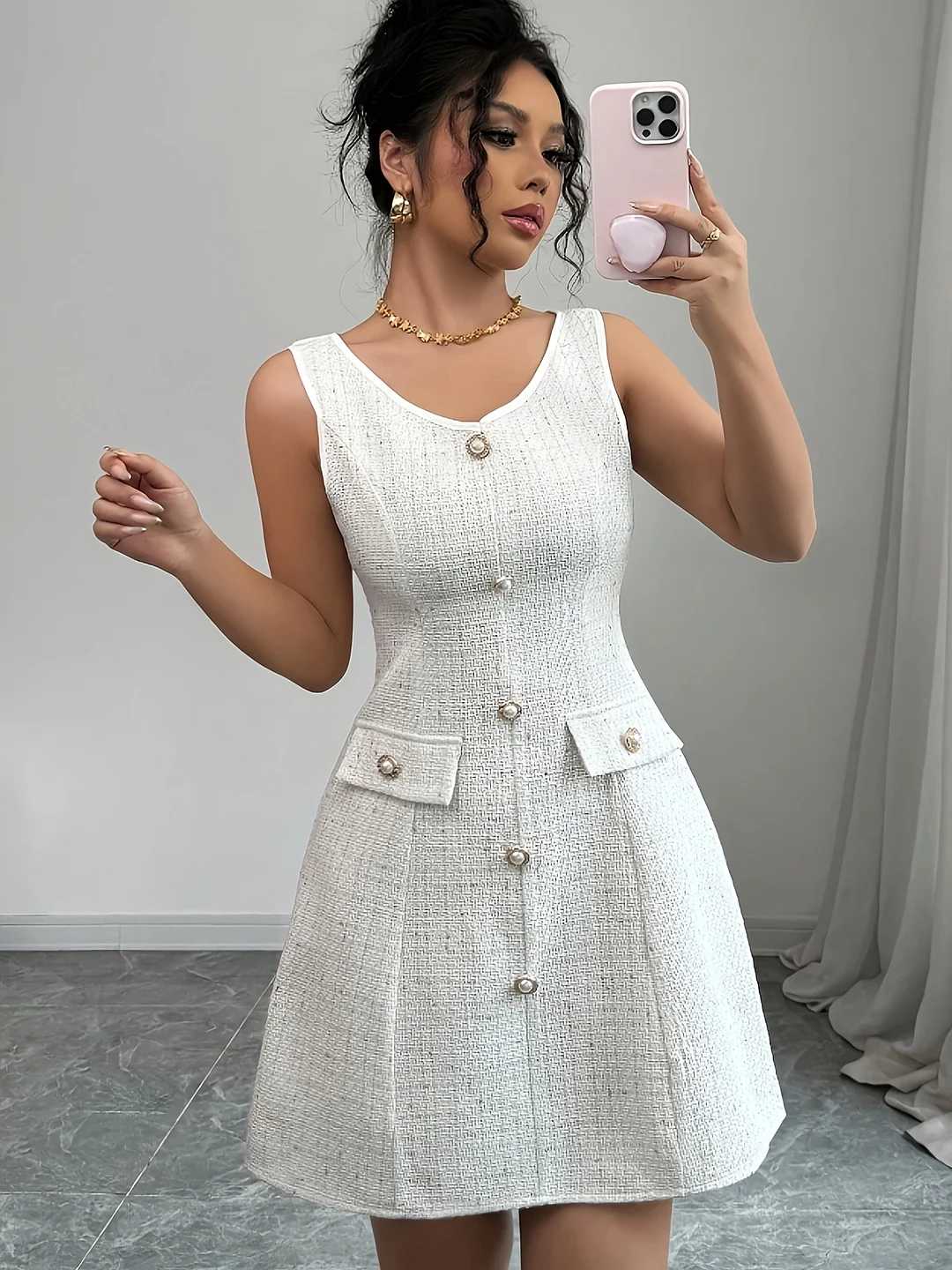 Women's Elegant White Sleeveless A-Line Midi Dress - Polyester, V-Neck, Button-Up, Perfect For Spring/Summer, Casual To Formal Attire, Casual Attire | Elegant Sleeveless Dress | Polyester Dress | IFYHOME