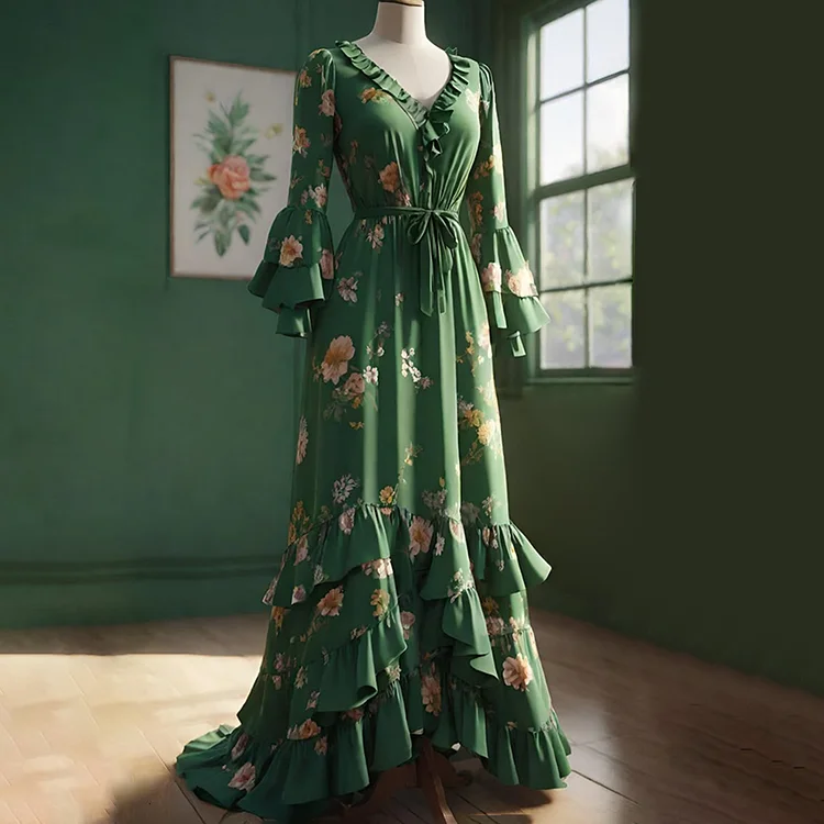 Casual Floral Pattern Ruffle Flare Sleeve Lace-Up Maxi Dress