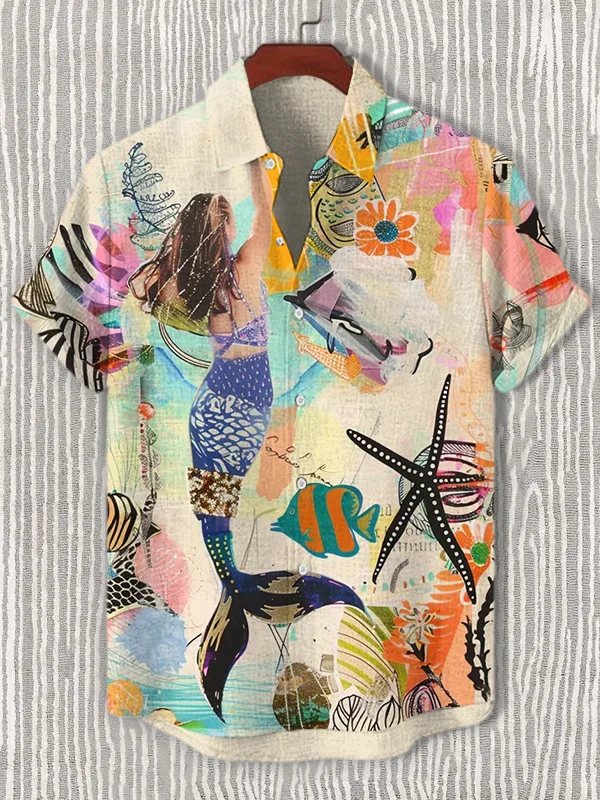 Men's Mermaid Collage Art Print Casual Shirt