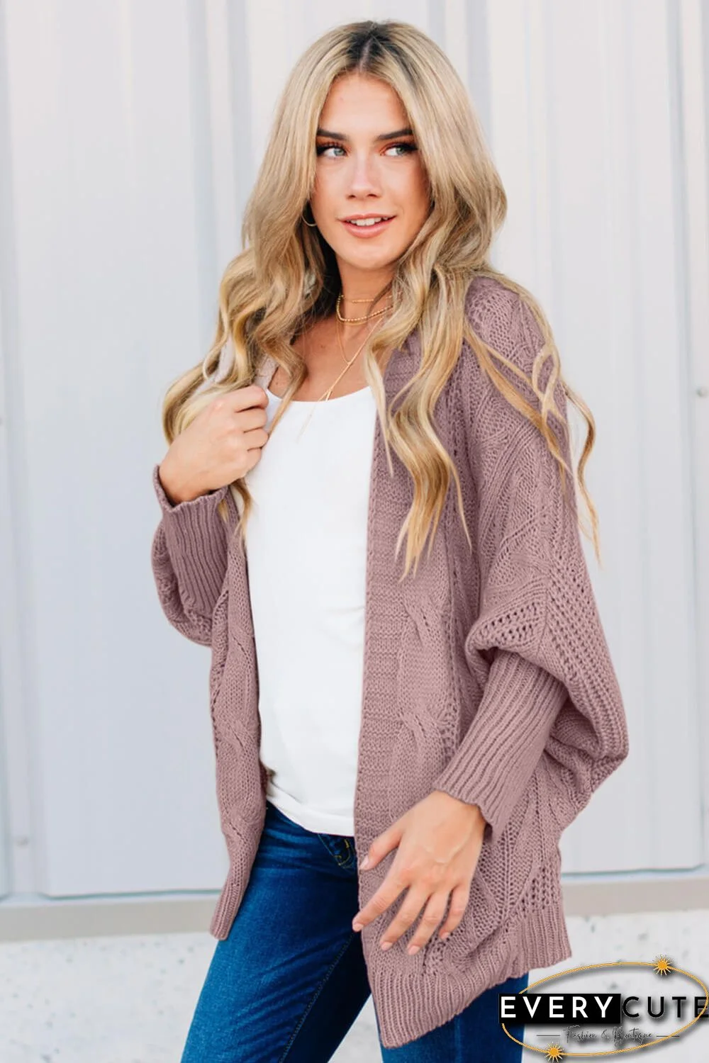 Pink Dolman Sleeve Open Front Knit Cardigan