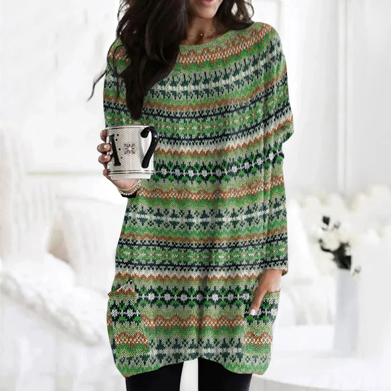Vintage Icelandic Tribal Knitted Warm Round Neck Mid-Length Sweater Dress