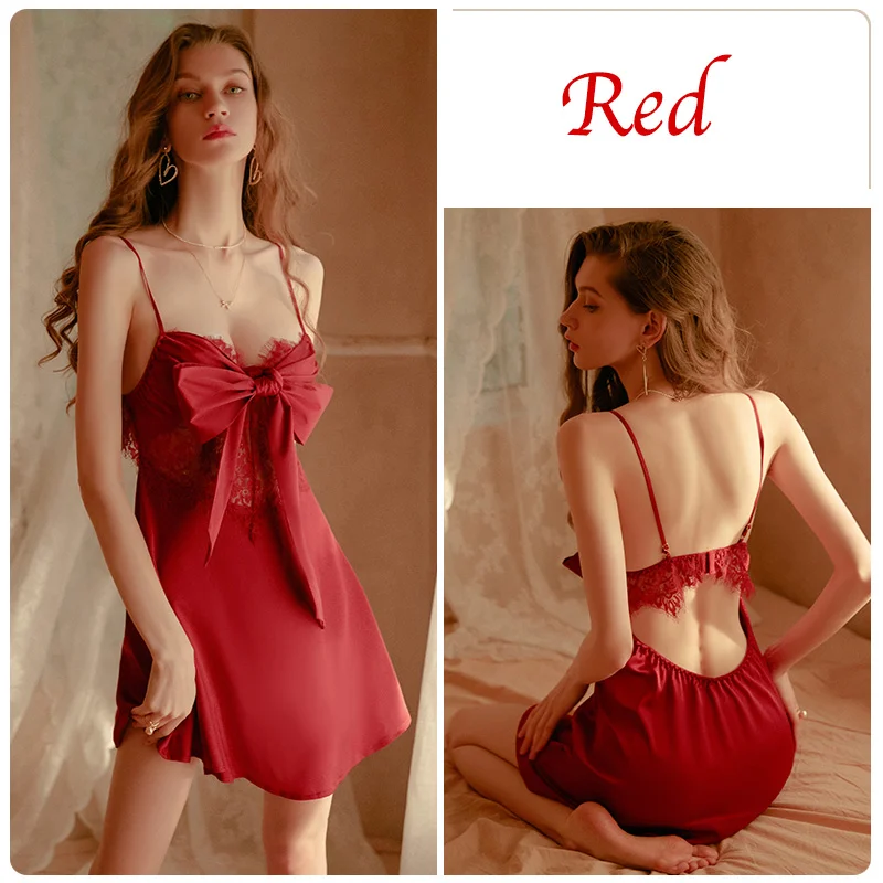 Billionm Nighties for Women Sleep Dress Bow Lace Temptation Deep V Open Back Ice Silk Sling Nightdress Home Clothes Dropshipping