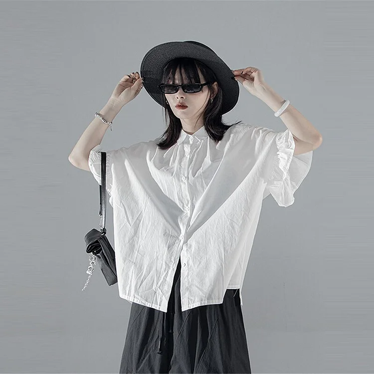 Chic Loose Solid Color Lapel Single-breasted Half Sleeve Splicing Ruffle Shirt      