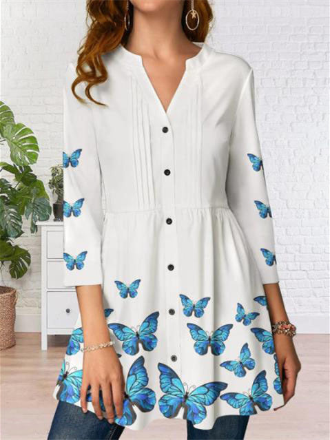 Women Long Sleeve V-neck Graphic Floral Printed Top