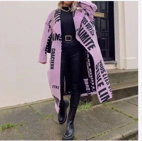 Autumn Women Clothing Color Matching Sleeve Turn-down Collar Coat Printed Dragon And Phoenix Woolen