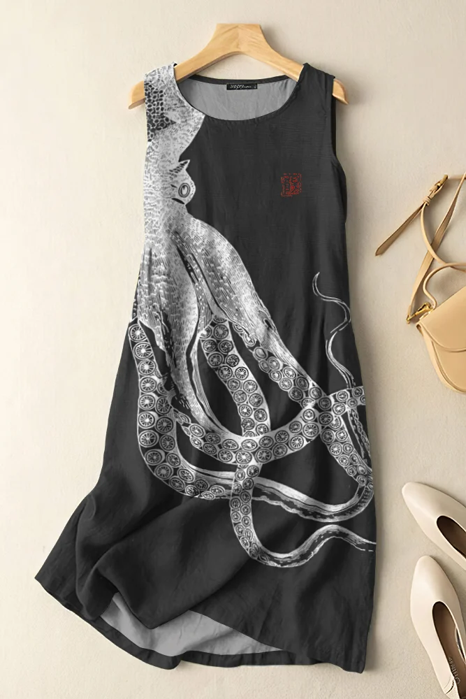 Vintage Japanese Art Octopus Print Sleeveless Cotton And Linen Midi Dress