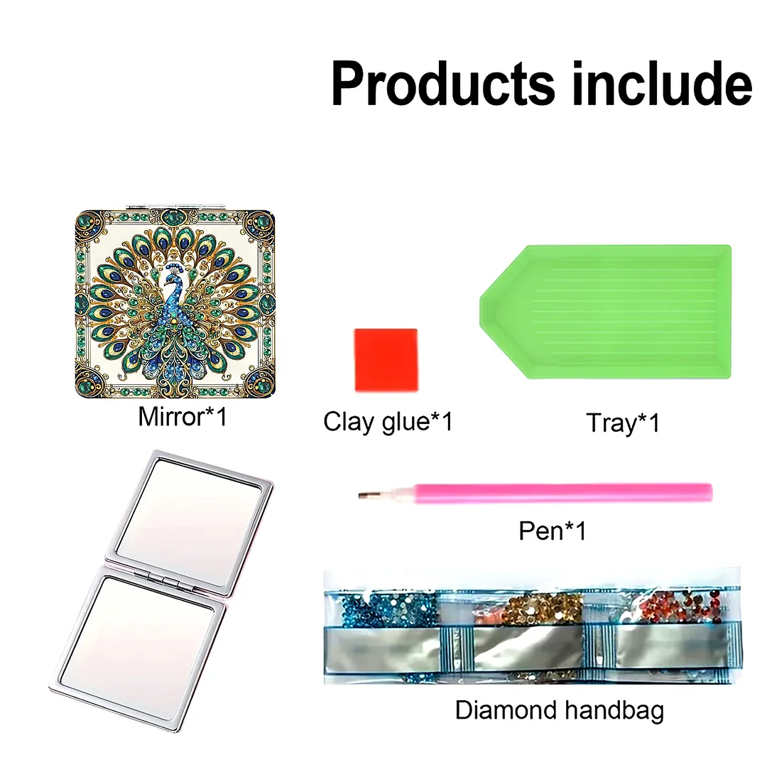 Green Peacock DIY Special Shaped Diamond Painting Compact Mirror Kits Diamond Art Painting Pocket Mirror for Adults and Beginners