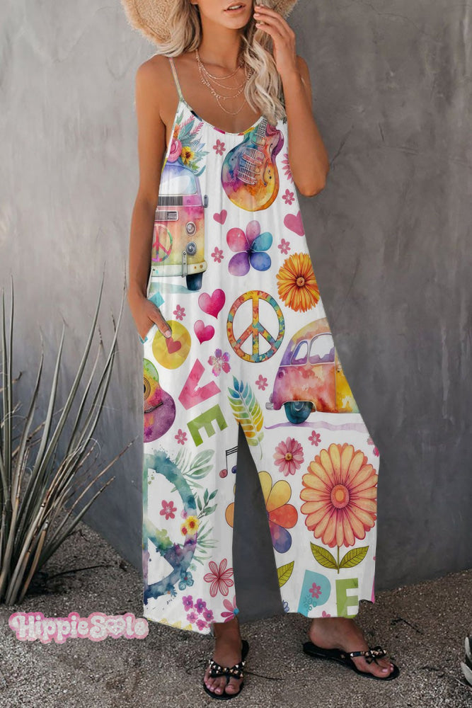 Peace And Love Floral Print Wide Leg Jumpsuit With Pockets Picture Color / S