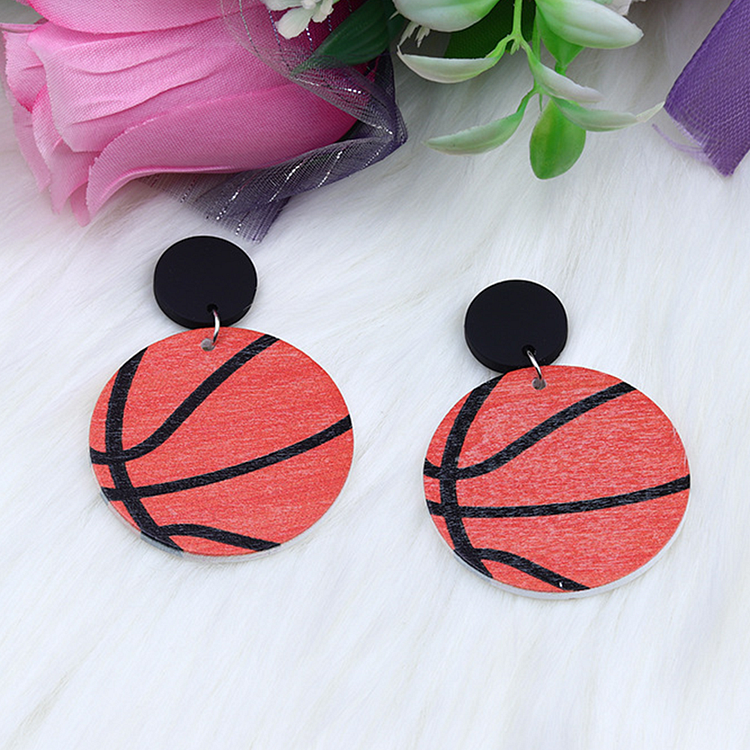 Foreign Trade New Wood Printing Basketball Football Stud Earrings Personality Fashion Geometric Round Earrings Earrings Female-Annaletters