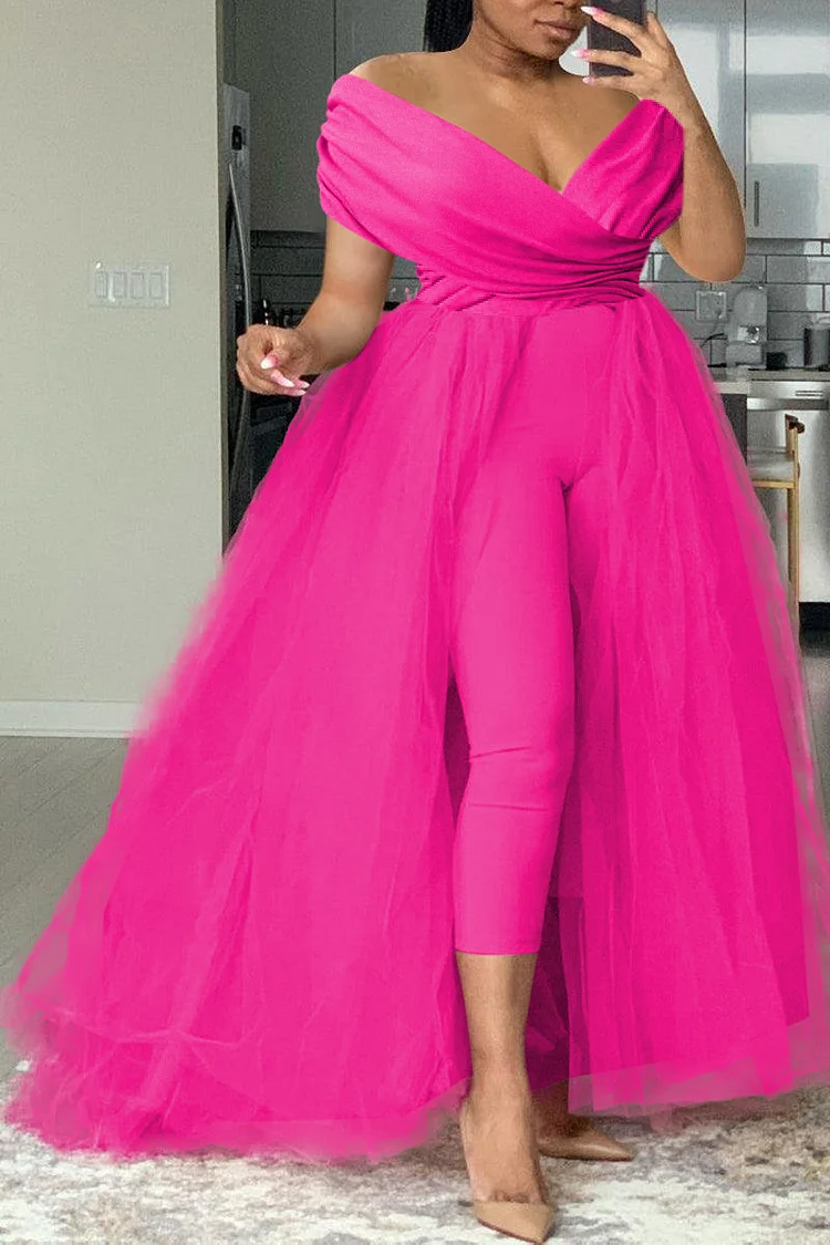 Plus Size Formal Casual One Piece Outfit Solid Off The Shoulder V Neck Tulle Jumpsuit (With Tulle Skirts)