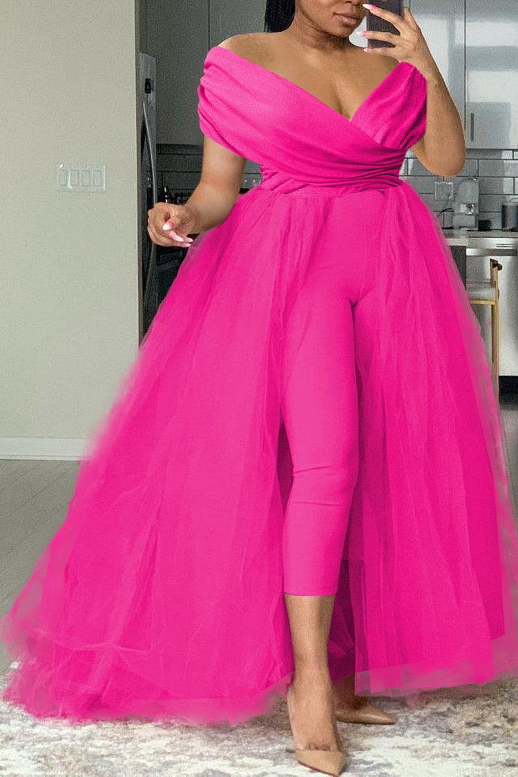 Xpluswear Plus Size Formal Casual Barbie Pink Off The Shoulder V Neck Tulle Jumpsuit (With Tulle Skirts)