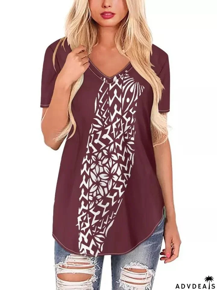 Women's Leisure Summer Printed V Neck Short Sleeve T-shirt