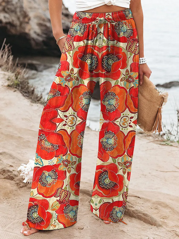 Women's  Poppy  Flowers Art Printed Cotton And Linen Casual Pants