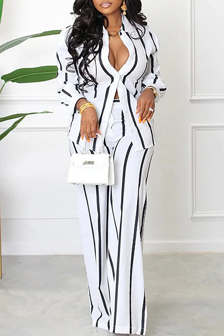 Plus Size Business Casual Pant Set White Striped Shirt Collar Two Piece Pant Set [Pre-Order]