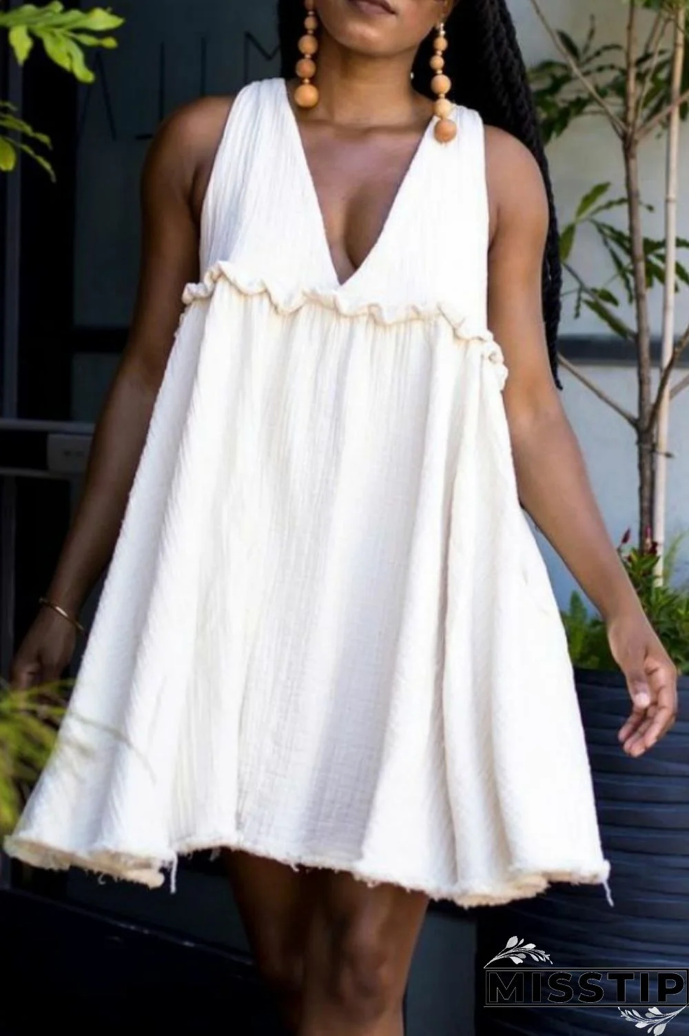 White Casual Solid Patchwork V Neck Sleeveless Dress Dresses