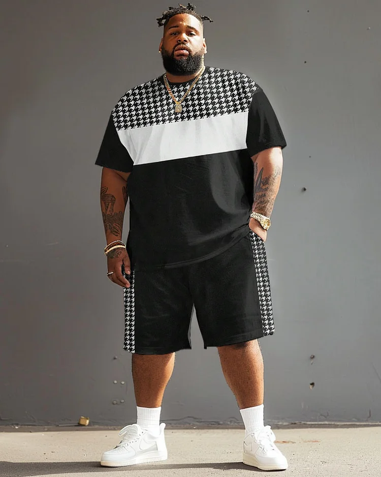 Men's Plus Size Casual Simple Houndstooth Patchwork Printed T-Shirt Shorts Suit