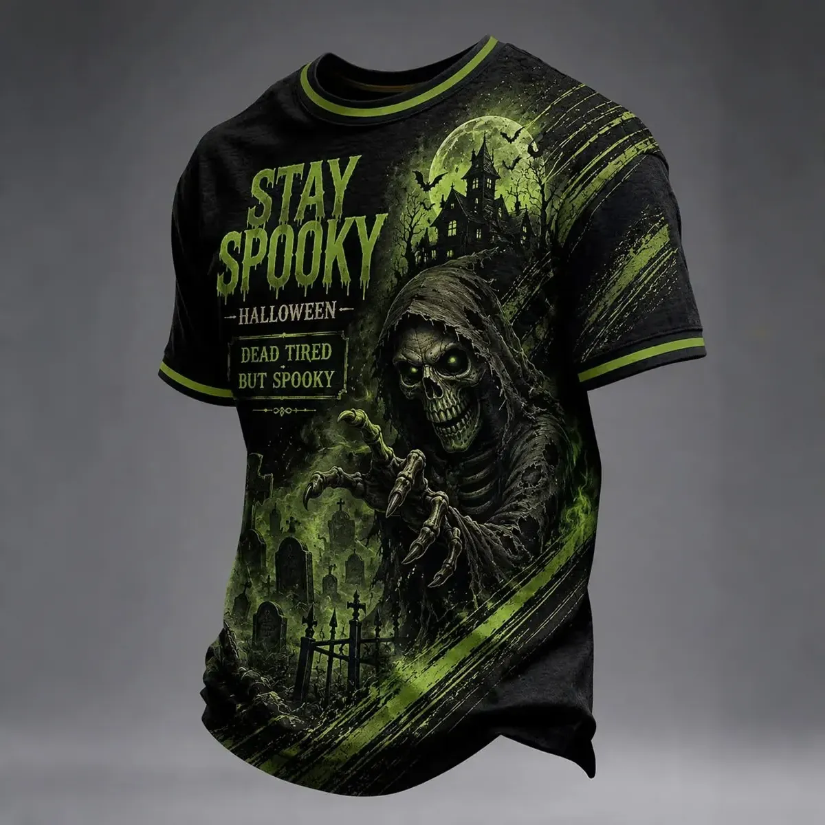 Men's Retro Halloween Skull And Death Letter Print Crew Neck T-shirt artswardrobe