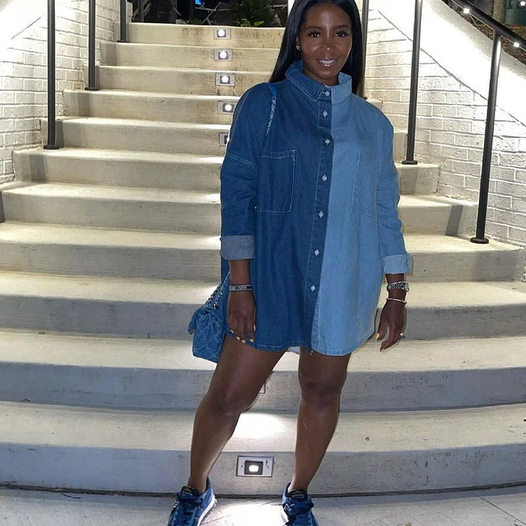 Women Denim Jacket Loose Denim Jacket Contrast Color Mid-Length Coat for Women