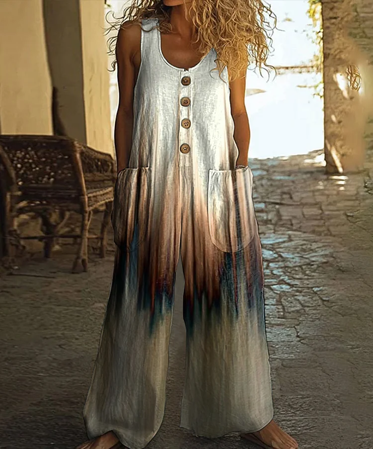 Retro Abstract Art Print Casual Wide Leg Jumpsuit