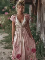 Vintage Boho Pink Rose Embroidery Art Flowy Linen Maxi Dress