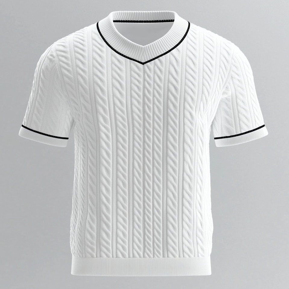 Men's Cable Knit Contrast Binding V Neck Short Sleeve T-Shirt