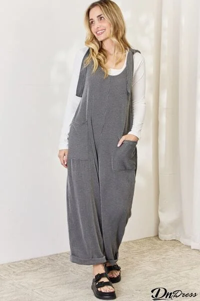 Celeste Full Size Ribbed Tie Shoulder Sleeveless Ankle Overalls