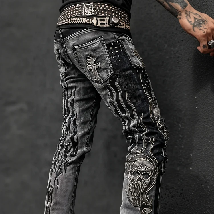 Men's Skulls Cross Flame Contrast Rock Studded Washed Jeans
