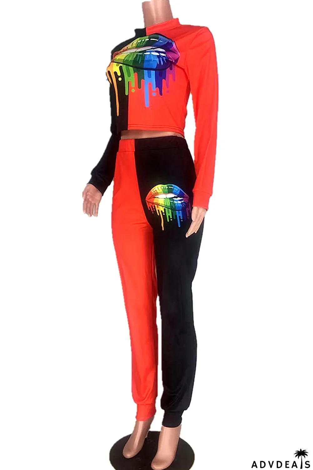 Red Celebrities Two Piece Suits Print Straight Long Sleeve Two-piece Pants Set